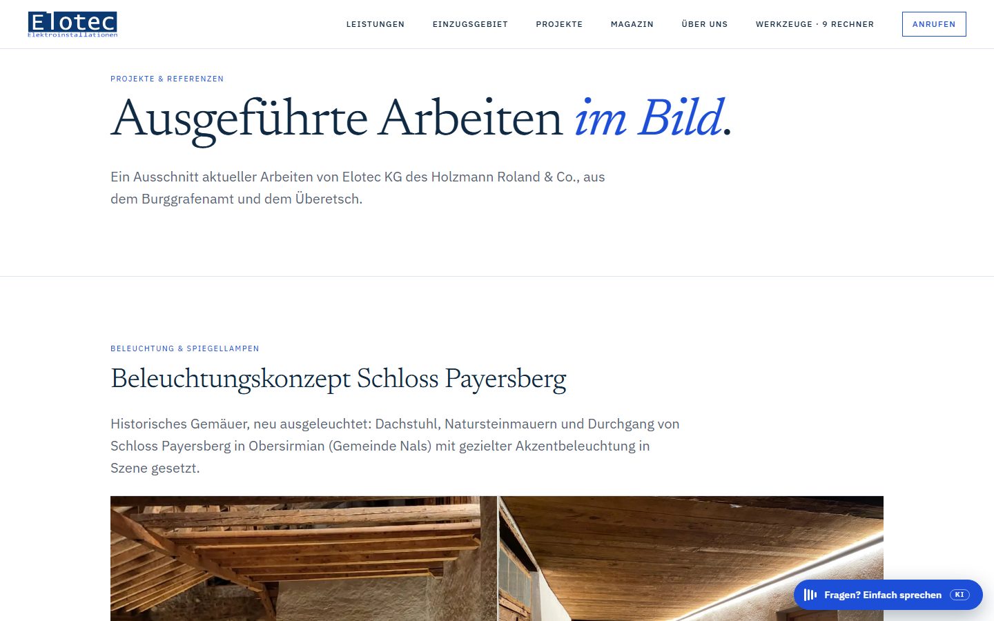 Projektseite von elotec.it mit dem Beleuchtungskonzept für Schloss Payersberg